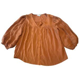 Nanette‎ Lepore Copper Peasant Button-Up Blouse 3/4 Sleeves Large Boho Cottage
